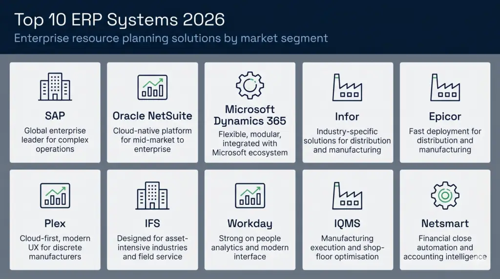 Comparison of top 10 erp systems showing sap, oracle netsuite, microsoft dynamics 365, infor, epicor, plex, ifs, workday, iqms, and netsmart with deployment scale and best-fit industry categories